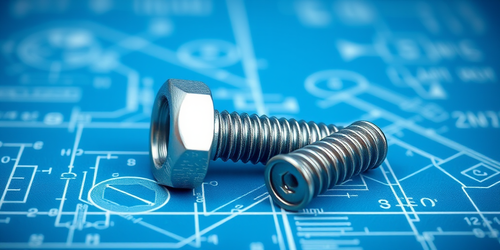 Create a high-resolution blueprint-style illustration of a bolt and screw, featuring detailed engineering drawings on a textured blue background, captured with a DSLR camera at f/8 aperture, ISO 200, 35mm focal length, and a shallow depth of field for clarity.