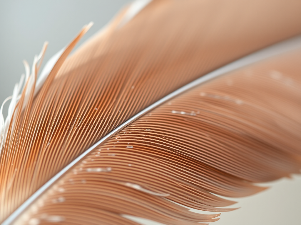A close-up of a delicate feather with subtle browns and creams, soft natural lighting, DSLR camera, f/2.8 aperture, 50mm lens, shallow depth of field for a blurred background, high resolution.
