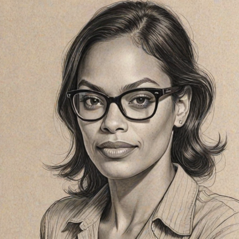 Comely Rosario Dawson, pencil sketch, portrait of Splendid woman 1940s in glasses, hair style beatnik, outline, clear lines, fine lines, 8k