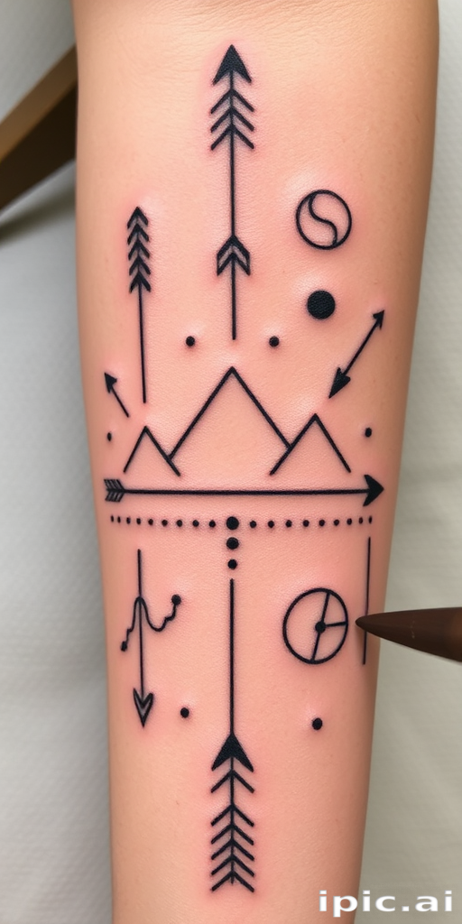 Stick and poke tattoo dubbed "Nomad's Journey" featuring simple, hand-poked designs of arrows, mountains, and constellations arranged in a meaningful pattern