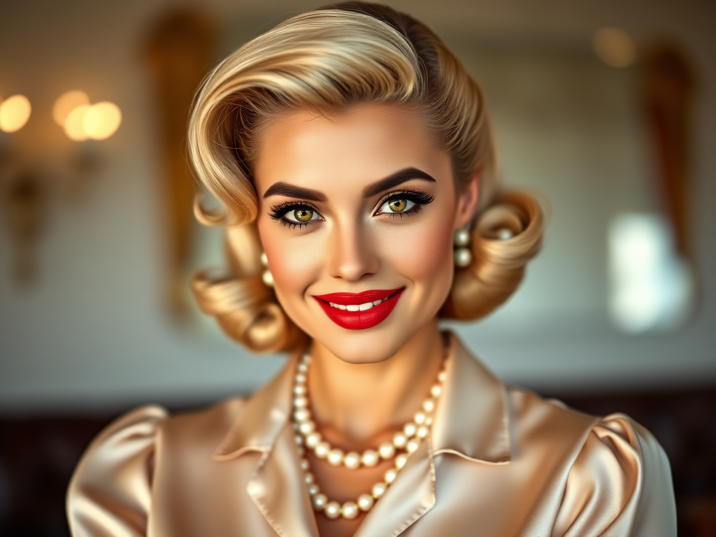 A beautiful Hispanic woman reminiscent of 1950s Hollywood glamour, with perfectly styled blonde hair and a seductive smile, dressed in a satin blouse and adorned with pearls, soft and warm tones, photorealistic, 8K