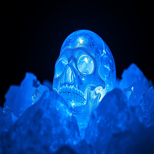 create a glowing crystal skull emerging from sharp ice shards with intense blue light, shot with a Canon EOS R5 at f/2.8, ISO 100, 1/125s, macro view, low-angle perspective, high dynamic range imaging