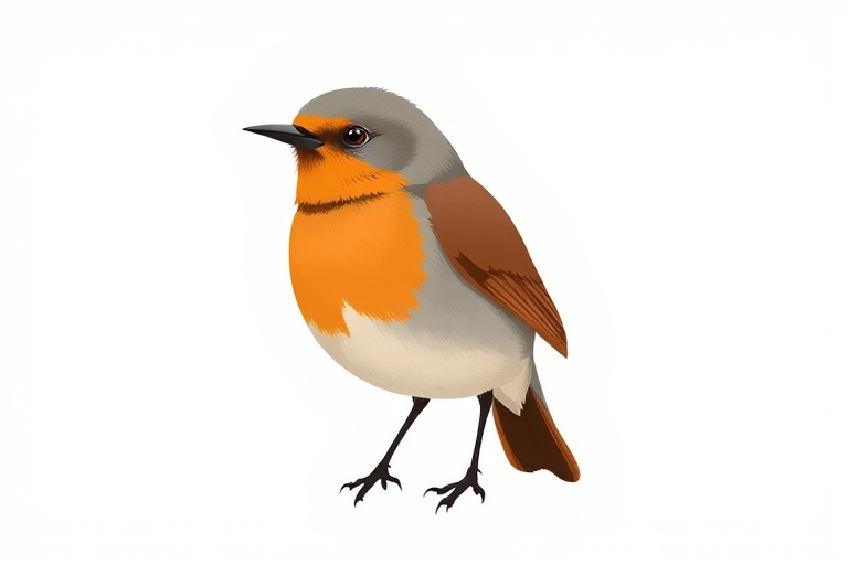 Create an illustration of a stylized bird with an orange breast, gray body, and brown wings, using a clean white background, with soft shading and minimalistic details, captured in a close-up view using a digital drawing tablet, featuring a high resolution at 300 DPI for sharpness.
