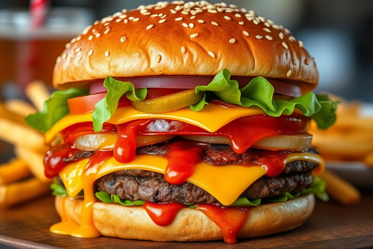 High-resolution, close-up image of a gourmet double cheeseburger. The burger features a glossy, sesame-seed-topped brioche bun. Inside, there are two thick, juicy beef patties, each topped with melted cheddar cheese. The burger is garnished with fresh lettuce, tomato slices, diced onions, and pickles. A generous amount of ketchup and a creamy, orange-colored sauce is dripping down the sides, adding to the mouth-watering appeal. In the background, there are blurred elements including a side of golden French fries and a hint of a beverage, enhancing the overall presentation of a delicious meal.