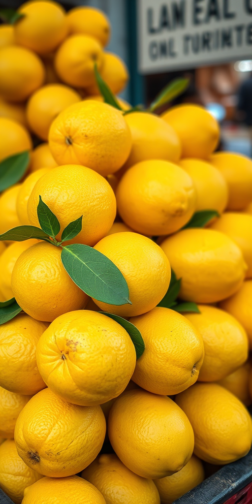 close-up shot of fresh lemons stacked on a market display, shallow depth of field, f/2.8 aperture, 50mm lens, ISO 100, natural lighting, DSLR camera