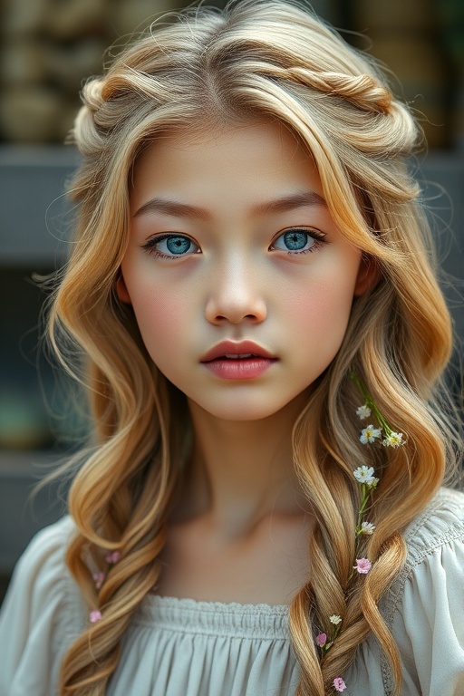 Create an image of a young Hmong woman with long, wavy blonde hair, adorned with small, colorful flowers woven into her braids and loose strands. Her complexion is fair, with soft, glowing skin, and she has light blue eyes that gaze softly at the viewer. She wears a light, flowing dress with a gentle, ethereal quality, complementing her delicate and serene appearance. The background is slightly blurred, drawing focus to her tranquil expression and the intricate details of the flowers in her hair. The overall mood of the image is one of natural beauty and grace, evoking a sense of peacefulness and connection with nature.