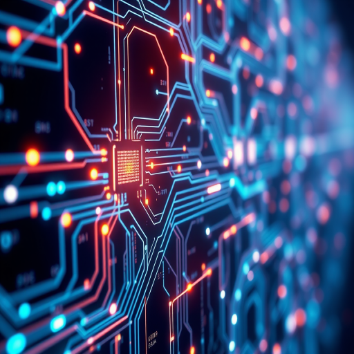 futuristic computer network with glowing circuits, abstract technology background, high-resolution, 35mm lens, f/1.8 aperture, ISO 100, soft natural lighting, shot from a slightly elevated angle, digital illustration style