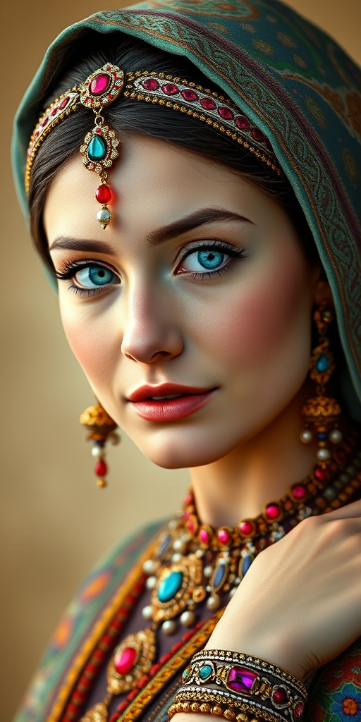 Create a portrait of a beautiful Circassian woman with striking cyan eyes and a gentle expression. She is adorned in traditional attire with intricate patterns, including a richly embroidered headscarf and matching garments. Her jewelry includes a delicate headpiece, dangling earrings, and ornate bracelets, all featuring vibrant gemstones and detailed metalwork. The background is soft and warm, enhancing the rich colors of her outfit and jewelry.