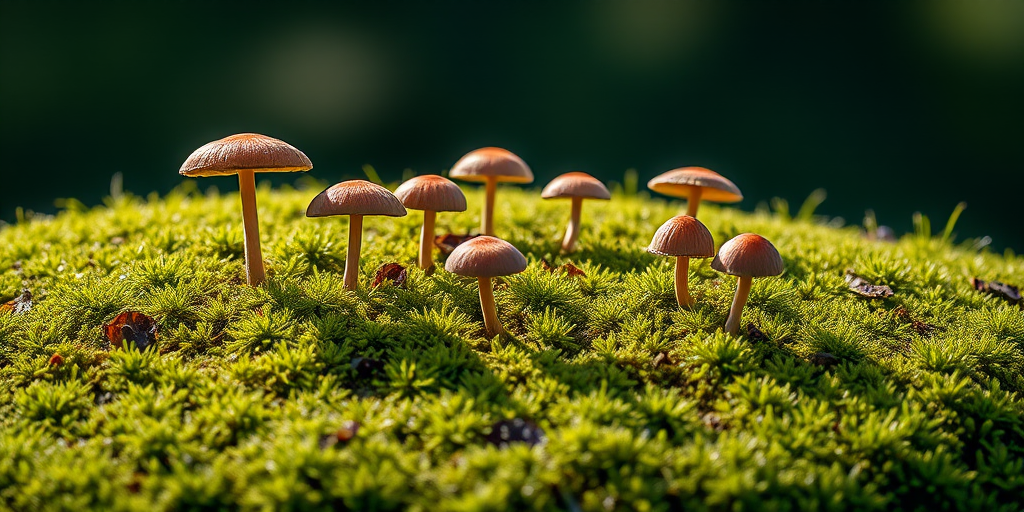 mushrooms on a green hill with soft shadows, captured using a DSLR camera, 50mm lens, f/2.8 aperture, ISO 100, natural light, shallow depth of field, vibrant colors, focus on texture and details.