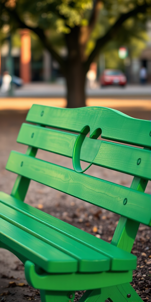 a vibrant green wooden bench with a heart-shaped cutout on the backrest, photographed with a DSLR camera, 50mm lens, f/2.8 aperture, 1/200 sec shutter speed, ISO 100, natural lighting from a soft afternoon sun, shallow depth of field to emphasize the bench and create a blurred background.