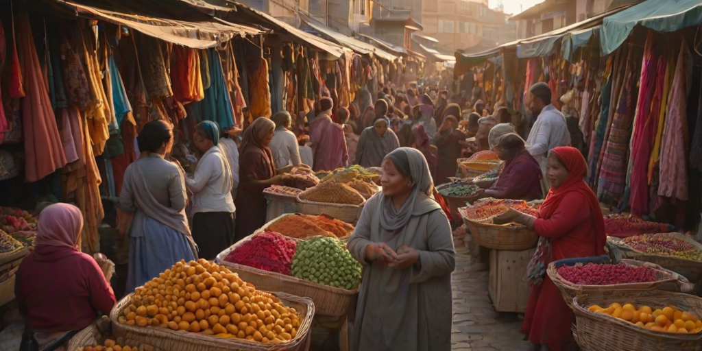 Crowded marketplace at sunset, vibrant fabrics hanging from stalls, a woman haggles with a vendor, her hands holding a woven basket filled with exotic fruits and spices.