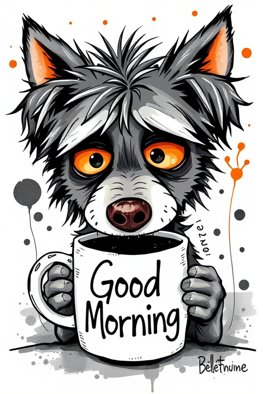 A quirky, artistic illustration of a disheveled cirneco delletna with exaggerated, large eyes and spiky fur, holding a coffee mug that reads "Good Morning". The dog has a tired but humorous expression, with ink splatters and abstract details surrounding it, giving a whimsical feel to the image. The color palette is mostly monochrome with hints of orange in the eyes and steam rising from the mug, enhancing the overall sleepy vibe