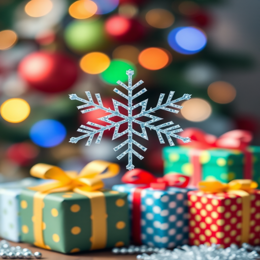 Create a festive holiday-themed image featuring a sparkling snowflake and colorful gift boxes, soft focus background, vibrant colors, aperture f/2.8, ISO 100, 50mm lens, high-resolution digital photography.