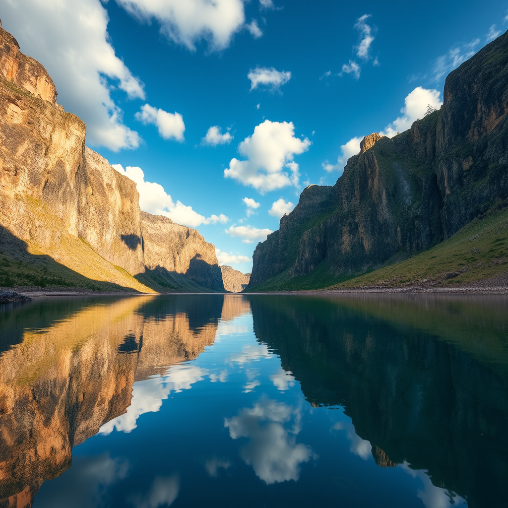 landscape of towering cliffs reflected in still water under a clear blue sky with fluffy clouds, captured with a Canon EOS R5 at f/8, 1/125s, ISO 100, wide-angle lens, vibrant colors and sharp detail
