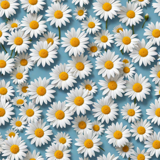 Create a seamless pattern featuring a light blue background filled with white daisies. Each daisy should have a bright yellow center and a simple, clean design. The flowers should be evenly spaced, creating a harmonious and cheerful floral pattern.