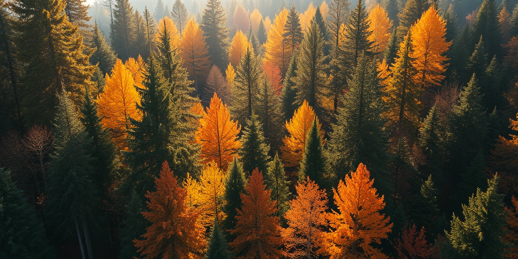 regenerate the image of a forest with a variety of coniferous trees in autumn colors, golden sunlight filtering through the branches, taken with a DSLR camera at f/8 aperture, ISO 200, 1/250 second shutter speed, with a wide-angle lens, shot from a high angle view to capture the depth of the forest, in vibrant detail and rich colors.