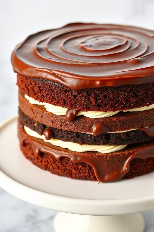 A rich chocolate cake with a glossy chocolate frosting, showcasing multiple layers of moist chocolate sponge and creamy white filling, elegantly presented on a white cake stand with a marble background.