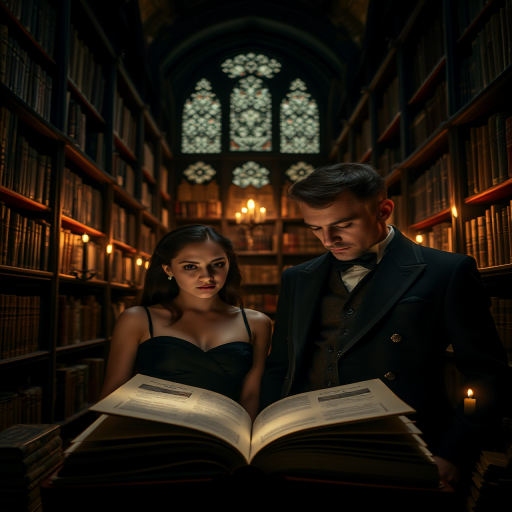 Create a dimly lit, atmospheric scene of a gothic library filled with towering shelves of books, featuring a woman in an elegant black dress and a man in a Victorian suit, both gazing in awe at an open book illuminated by candlelight, captured with a DSLR camera at f/2.8, ISO 200, 50mm lens, in portrait view, using soft focus and rich saturation to enhance the enchanting quality of the image.