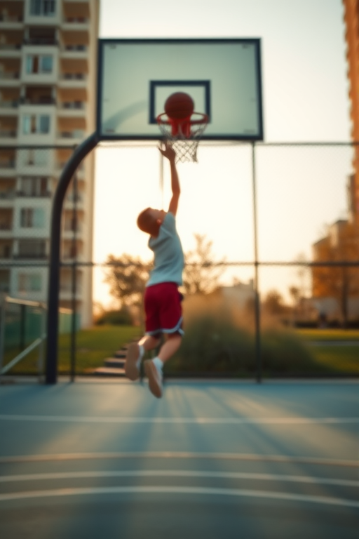 Blurry action shot of a basketball court in an inner city, with a child mid-jump shooting for the basket, and soft sunlight filtering through a chain-link fence in the background.