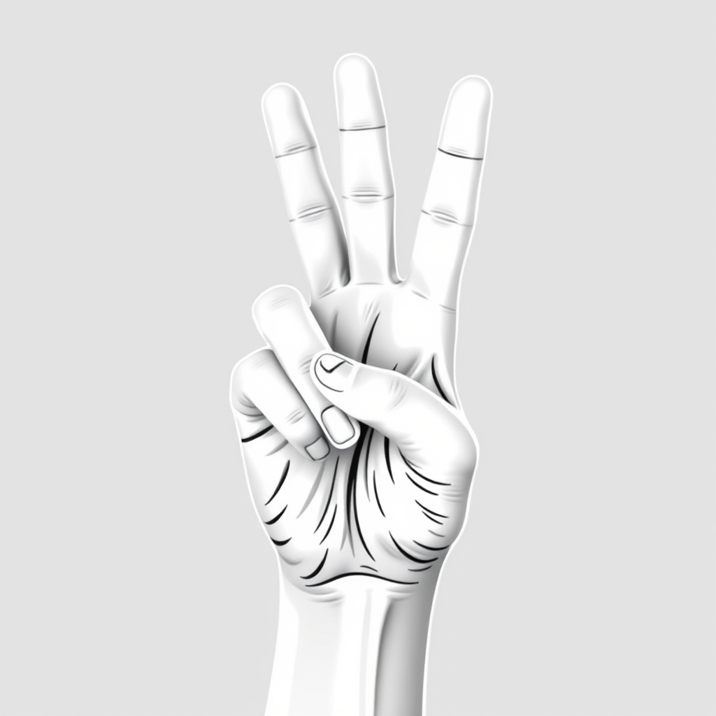 Create a high-resolution digital illustration of a human hand making a peace sign, with a clear outline and detailed shading, photographed using a Canon EOS 5D Mark IV, 50mm lens, f/1.8 aperture, ISO 100, and a soft diffused light source to enhance texture and depth.