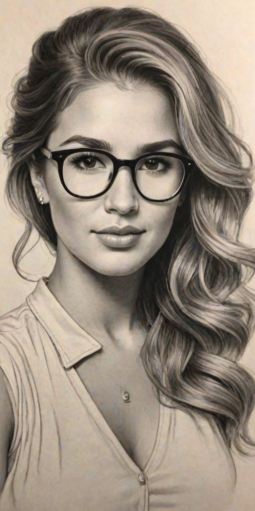 Lovely Jessie James Decker, pencil sketch, portrait of Charming woman 1935s in glasses, hair style beatnik, outline, clear lines, fine lines, 8k