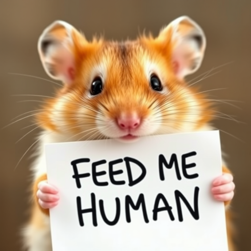 hamster holding a note which says "FEED ME HUMAN"