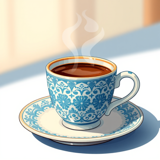 Create a detailed illustration of a steaming cup of coffee in a blue patterned ceramic mug on a matching saucer with a soft focus background, using a Canon EOS R5, f/2.8 aperture, 50mm lens, natural lighting, and a shallow depth of field to enhance image quality.