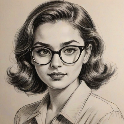 Comely Summer Bishil, pencil sketch, portrait of Bewitching woman 1950s in glasses, hair style beatnik, outline, clear lines, fine lines, 8k