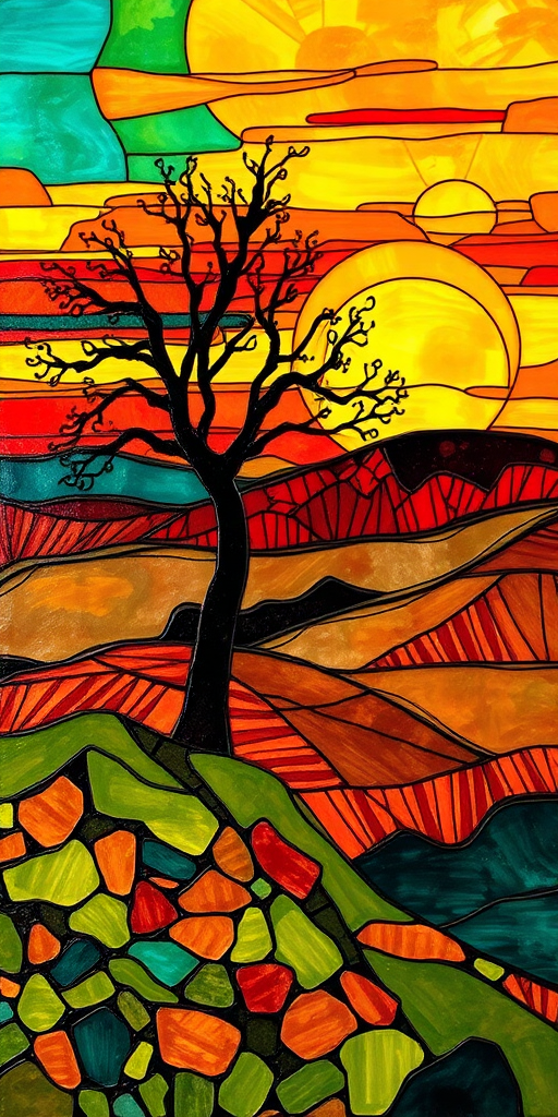 A vibrant abstract painting on Tiffany Glass, blending acrylic and alcohol ink techniques, captures a dramatic sunset over rolling hills. The artwork features a textured, rocky foreground in green and brown, layered abstract hills, and a striking sunset in rich oranges, yellows, and reds. A solitary black tree with intricate branches contrasts against the fiery sky, creating a dynamic and expressive portrayal of a breathtaking natural scene.
