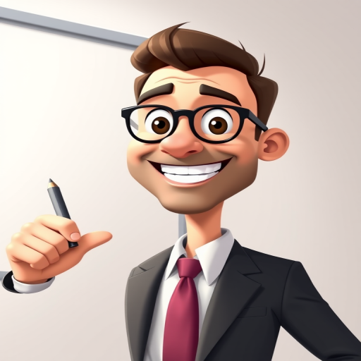 Create a cartoon image of a smiling businessman in a suit pointing to a blank whiteboard with a pointer, use a 50mm lens, f/1.8 aperture, ISO 100, with a bright, well-lit background, shot with a DSLR camera style.