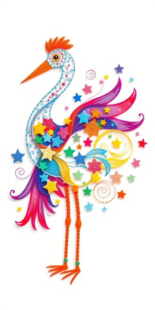 create a vibrant, intricate design of a stork formed from colorful stars and swirls on a white background using a DSLR camera with a 50mm lens, f/2.8 aperture, ISO 100, at a close-up angle to enhance detail and clarity