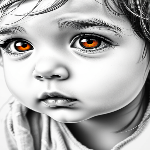 A hyperdetailed photorealistic black and white sketch of a beautiful toddler with deep orange eyes, with a macro focus