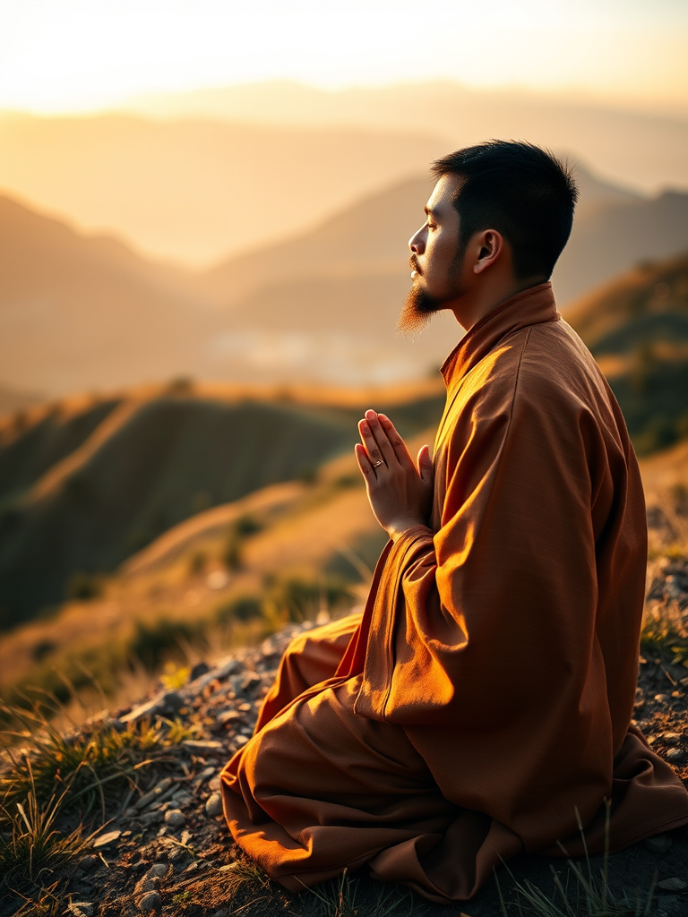 Create a serene landscape featuring a male figure in traditional robes kneeling in prayer on a hillside, captured with a Canon EOS R5, 50mm lens, f/1.8 aperture, ISO 100, natural light during golden hour, shallow depth of field for soft background focus.