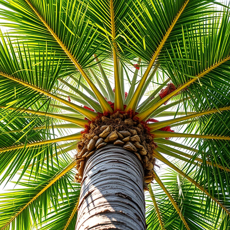 Create a highly detailed illustration of a palm tree with lush, vibrant green fronds, showcasing a thick, textured trunk, using a Canon EOS 5D Mark IV with a 50mm f/1.8 lens, aperture set to f/4 for sharpness, ISO 100 for clarity, in natural daylight conditions, focusing on a slightly upward angle to capture the tree's height and grandeur.