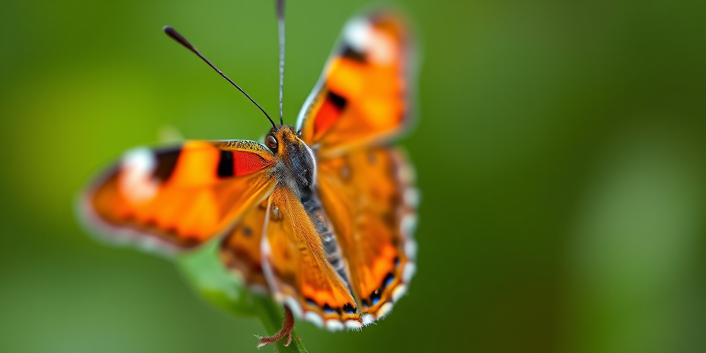 close-up of a vibrant butterfly with orange and blue patterns, set against a soft green blurred background, captured with a macro lens, aperture f/2.8, shutter speed 1/500s, ISO 200, using a DSLR camera for high detail and clarity