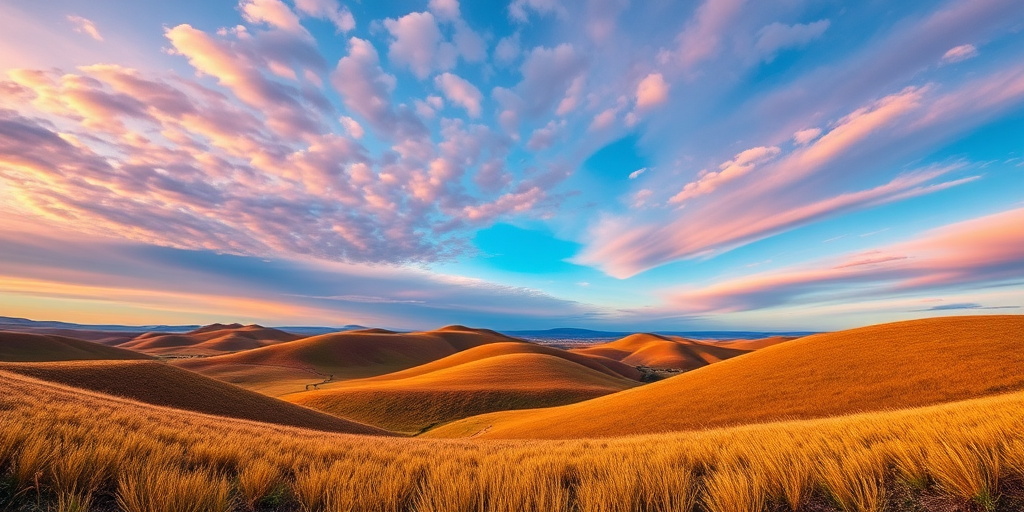 Generate an image of a whimsical landscape featuring a vibrant sky and rolling hills, captured with a Canon EOS R5, using a 24mm f/1.4 lens, aperture set to f/8, ISO 100, at a shutter speed of 1/250 second, in a wide-angle view for depth and clarity.