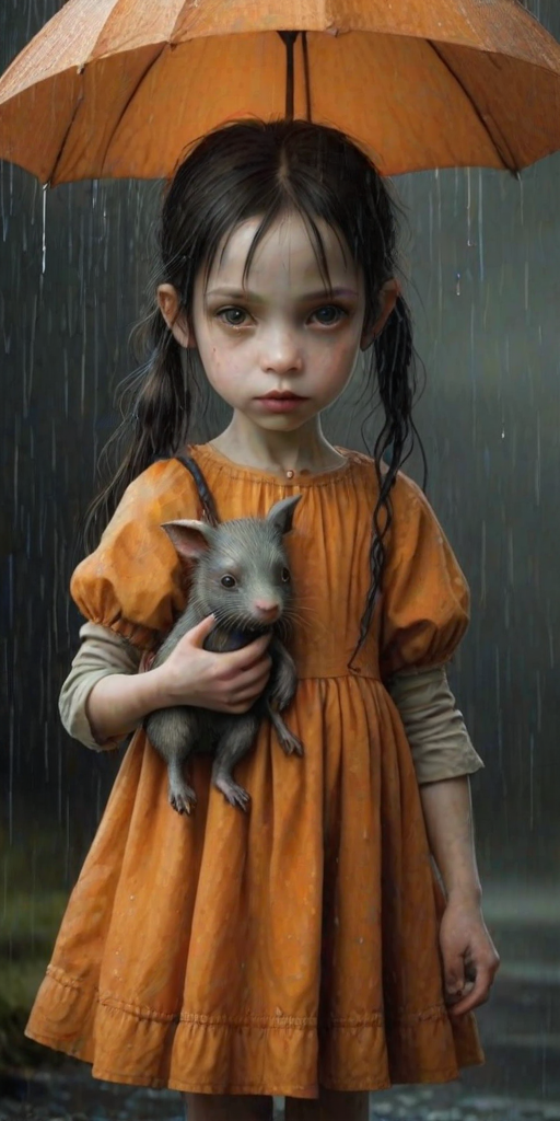 An eerie, weird little girl with dark hair in thin pigtails, wearing a smock dress, standing in the rain, holding a dirty orange umbrella, a small, odd creature beside her. In a surreal style inspired by Nicoletta Ceccoli and Brian Froud. Dark fantasy themes