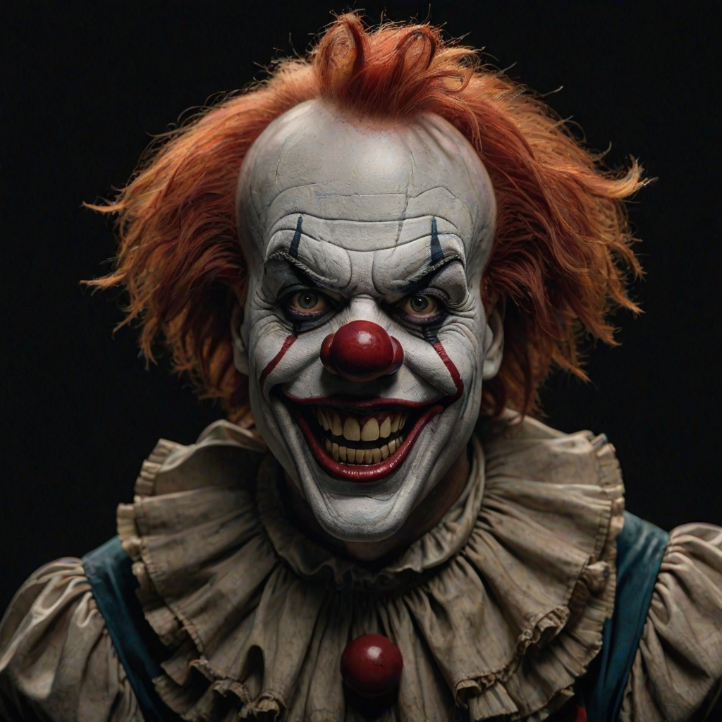 Create a hyper-realistic, dark, and eerie clown with a sinister smile, set against a black background. The clown should have exaggerated makeup with sharp, contrasting colors to enhance its menacing appearance. The overall atmosphere should be unsettling and intense, capturing a sense of horror and suspense