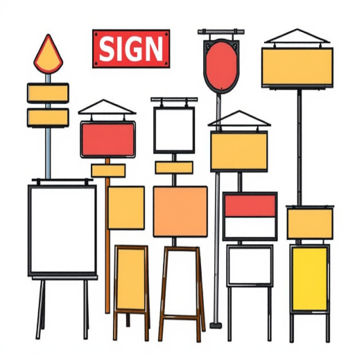 Generate a high-quality vector illustration of various styles of signboards, focusing on a mix of A-frame and standing signs, with a clean white background for clarity; use a 50mm lens, f/8 aperture, ISO 100, shot in natural light for optimal detail.