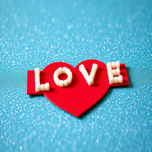 Create an image of a red heart cutout on a shimmering blue background with the word "LOVE" spelled out in white beads on top, shot with a DSLR camera, aperture f/2.8, shutter speed 1/100s, ISO 200, using a macro lens for close-up detail and a soft focus effect.