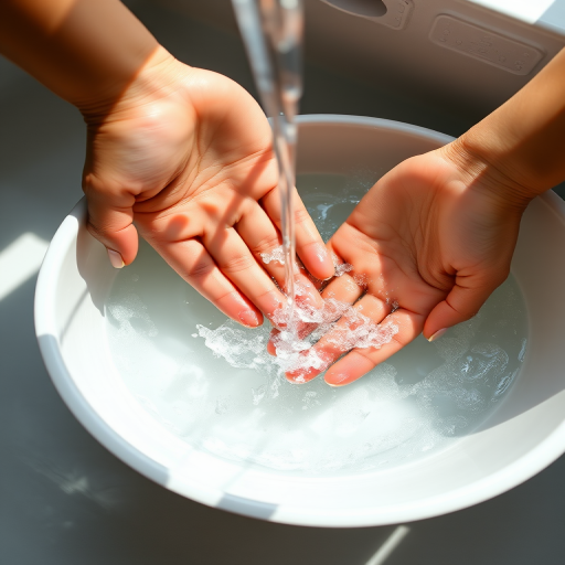 Create a high-quality vector illustration of two hands washing in a bowl with water splashing, using a wide-angle lens with f/8 aperture, 1/125 shutter speed, and soft natural lighting, capturing a close-up view with a clean, minimalistic style.