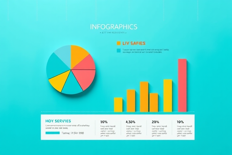 Create an infographic featuring a pie chart and bar graph on a bright teal background, using a high-resolution digital camera with settings of f/4 aperture, 1/60 shutter speed, ISO 100, in a top-down view style for clarity and detail.