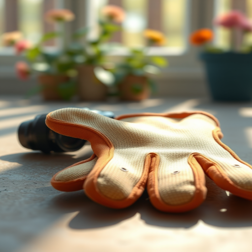 Create a high-resolution illustration of a pair of gardening gloves lying on a flat surface, with a close-up view, soft natural lighting, a shallow depth of field, and a DSLR camera with a 50mm lens set at f/2.8.