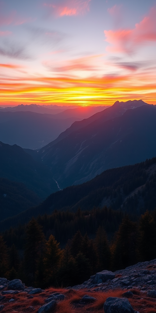 Generate a high-resolution image of a serene mountain landscape at sunrise with vibrant colors, using a DSLR camera set to ISO 100, aperture f/8, shutter speed 1/200s, in landscape orientation with a wide-angle lens.
