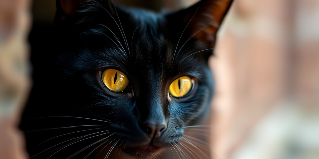 capture a close-up of a black cat with striking yellow eyes peeking from a narrow opening in natural light, using a DSLR camera with a 50mm f/1.8 lens, aperture at f/1.8, shutter speed 1/200s, ISO 100, shallow depth of field for a soft background blur