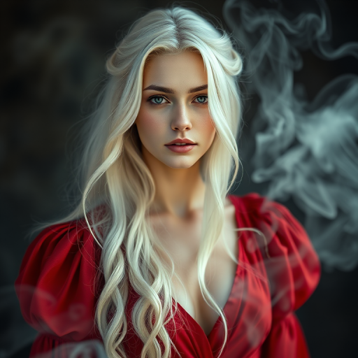 Create a highly detailed portrait of a mythical woman with long white hair and a red dress, surrounded by ethereal, swirling smoke, captured with a DSLR camera at 50mm focal length, f/1.8 aperture, ISO 100, using soft natural lighting and a shallow depth of field for a dreamy effect.