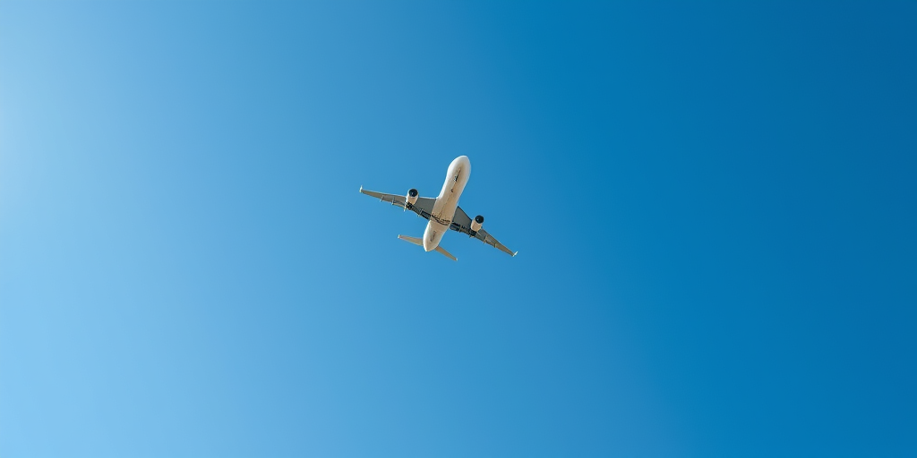 capture a high-resolution image of an airplane flying overhead against a blue sky, using a DSLR camera with a 50mm lens, aperture f/8, shutter speed 1/500s, iso 100, shot from ground level in landscape orientation