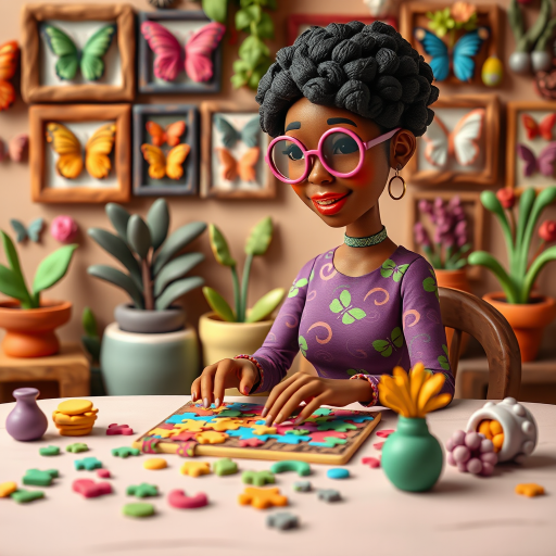 A vibrant and whimsical illustration of an african american woman sitting at a table working on a colorful jigsaw puzzle. she is wearing round glasses, and patterned clothing in shades of purple and green.  The background features an eclectic collection of framed butterflies, potted plants, and other natural elements, creating a warm and inviting atmosphere. The style is playful and modern, with rich textures, intricate details, and a lively color palette.