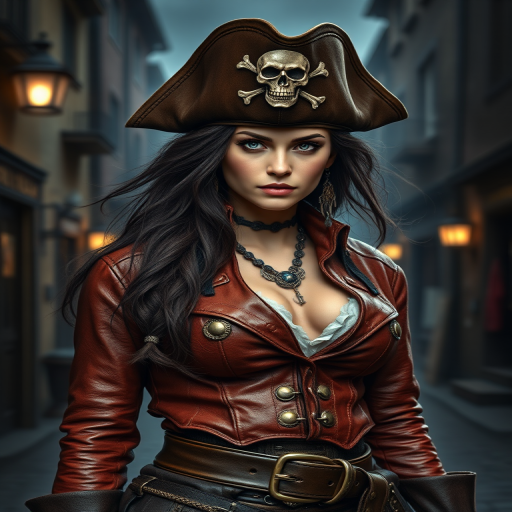 Create a portrait of a fierce female pirate. She wears a leather tricorn hat adorned with a skull and crossbones emblem, and her long, dark hair flows around her face. Her outfit consists of a richly detailed leather jacket, a corset, and multiple layers of belts and accessories, giving her a formidable and stylish appearance. She stands confidently in a dimly lit, historic port town, with a backdrop of weathered buildings and cobblestone streets, capturing the adventurous spirit of a pirate.