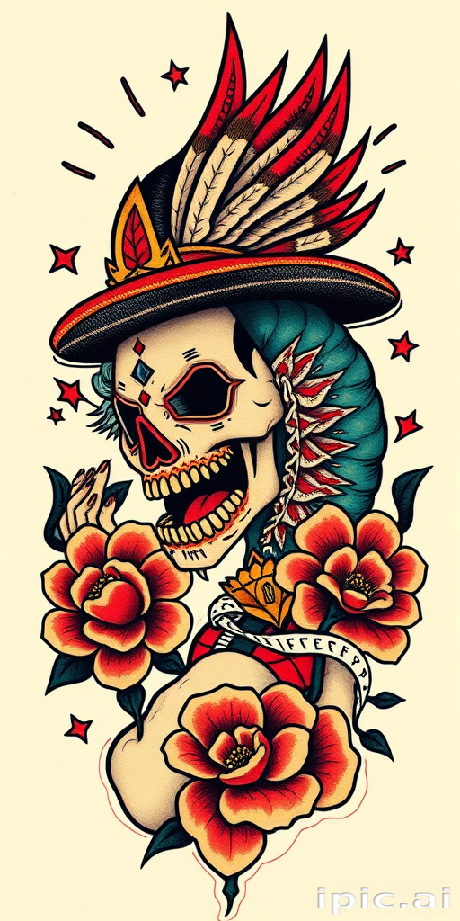 Traditional American tattoo reimagined with a modern twist, featuring bold linework and vibrant colors in a mashup of classic motifs and contemporary pop culture references